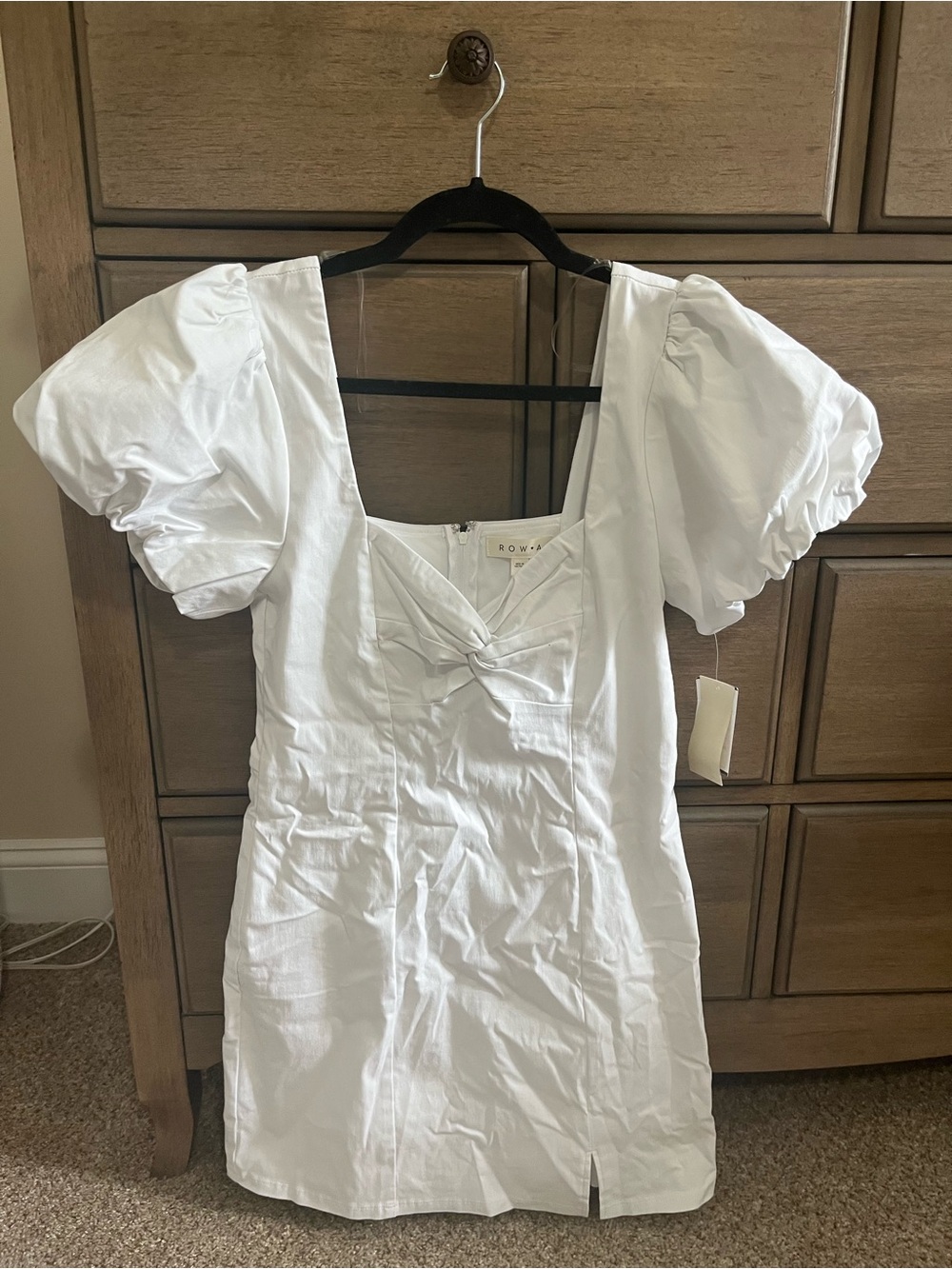 Row A White Puff-Sleeve Mini Dress with Sweetheart Knot